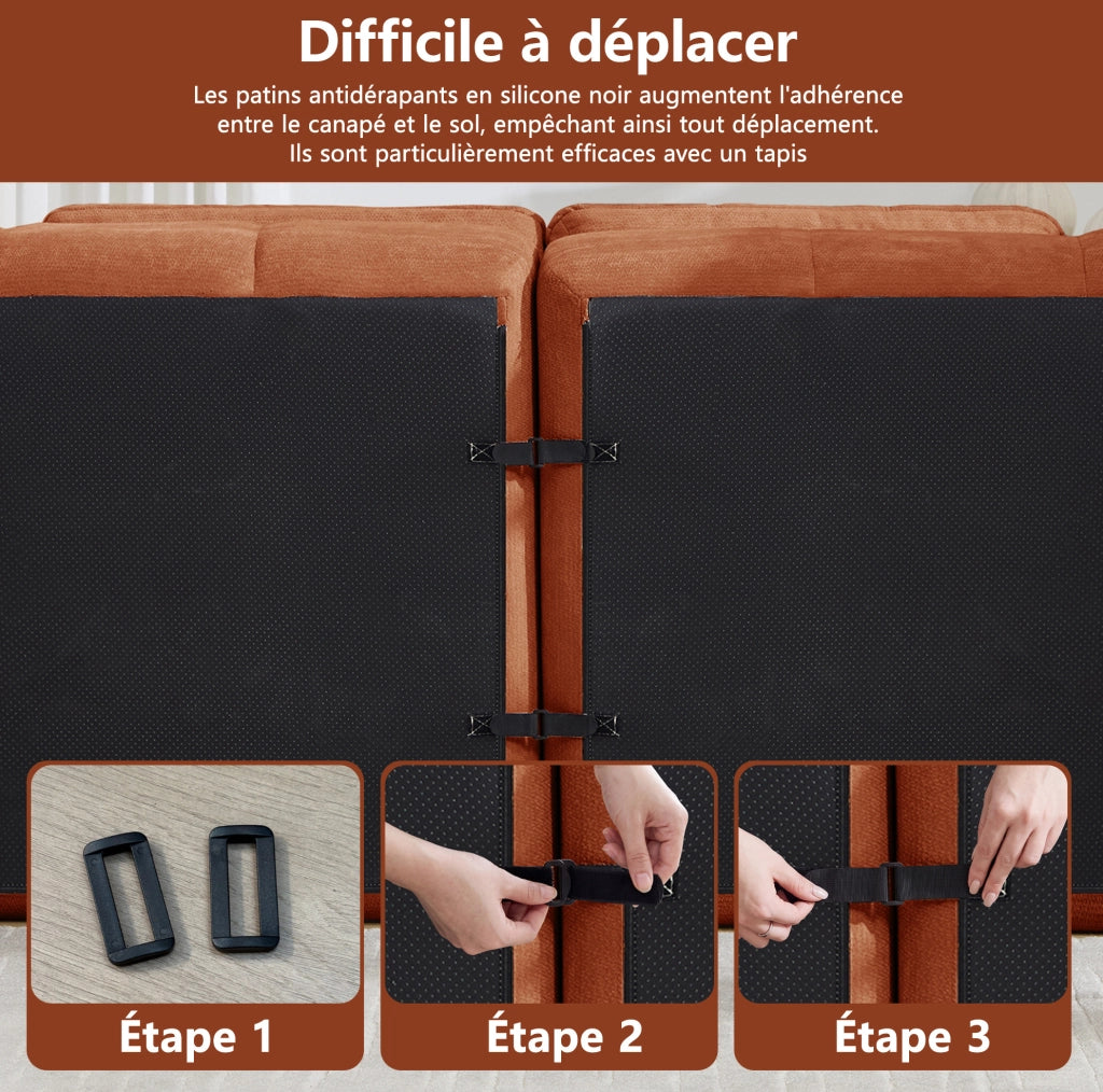 Divano modulare ad angolo a 3 posti in tessuto Chenille arancione con imbottitura in schiuma ad alta densità 32D, incluso pouf, senza montaggio