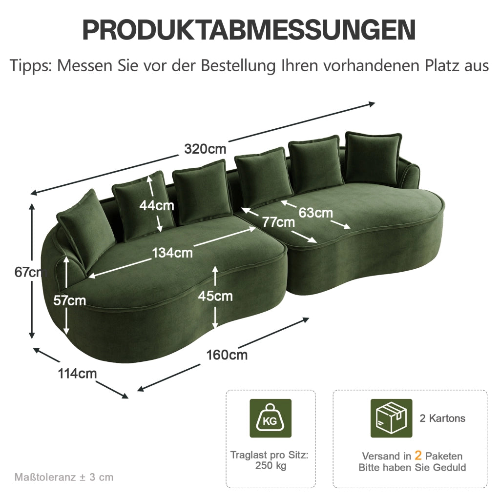 Divano modulare 4 posti ULEVR senza telaio con chaise longue profonda, braccioli larghi e cuscini, verde