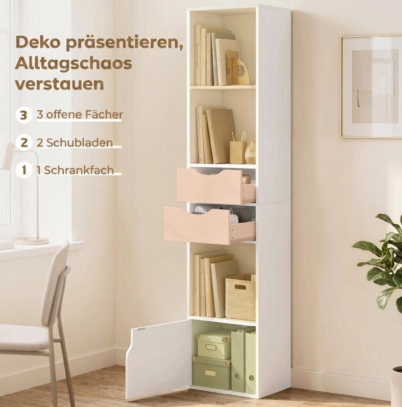 Libreria sottile bianca con 2 cassetti e 3 ripiani aperti 30x24x158 cm per ufficio e camera da letto