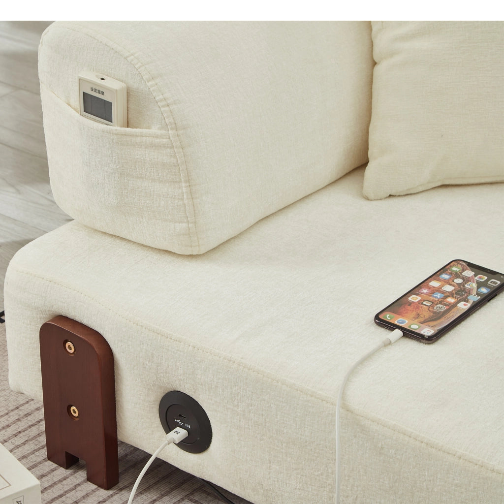 Divano letto pieghevole 2 in 1 in tessuto beige con porte USB e USB-C tasche laterali e vano contenitore