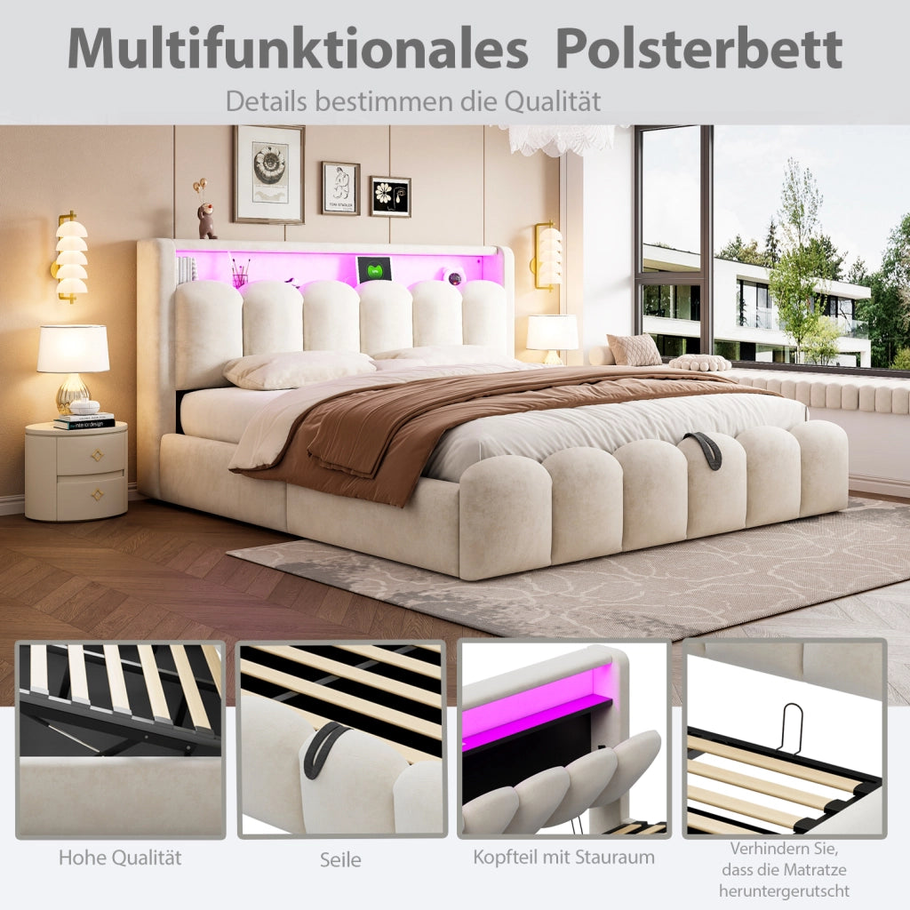 Letto matrimoniale con contenitore 180 × 200 cm imbottito in velluto beige con LED; USB e porta Type-C