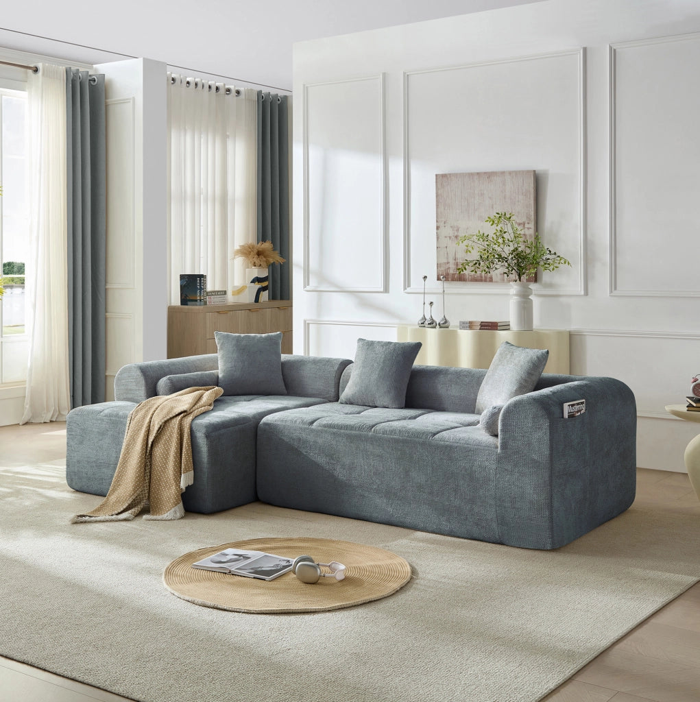 Divano 263x132,5 cm in tessuto chenille blu con tasca laterale integrata