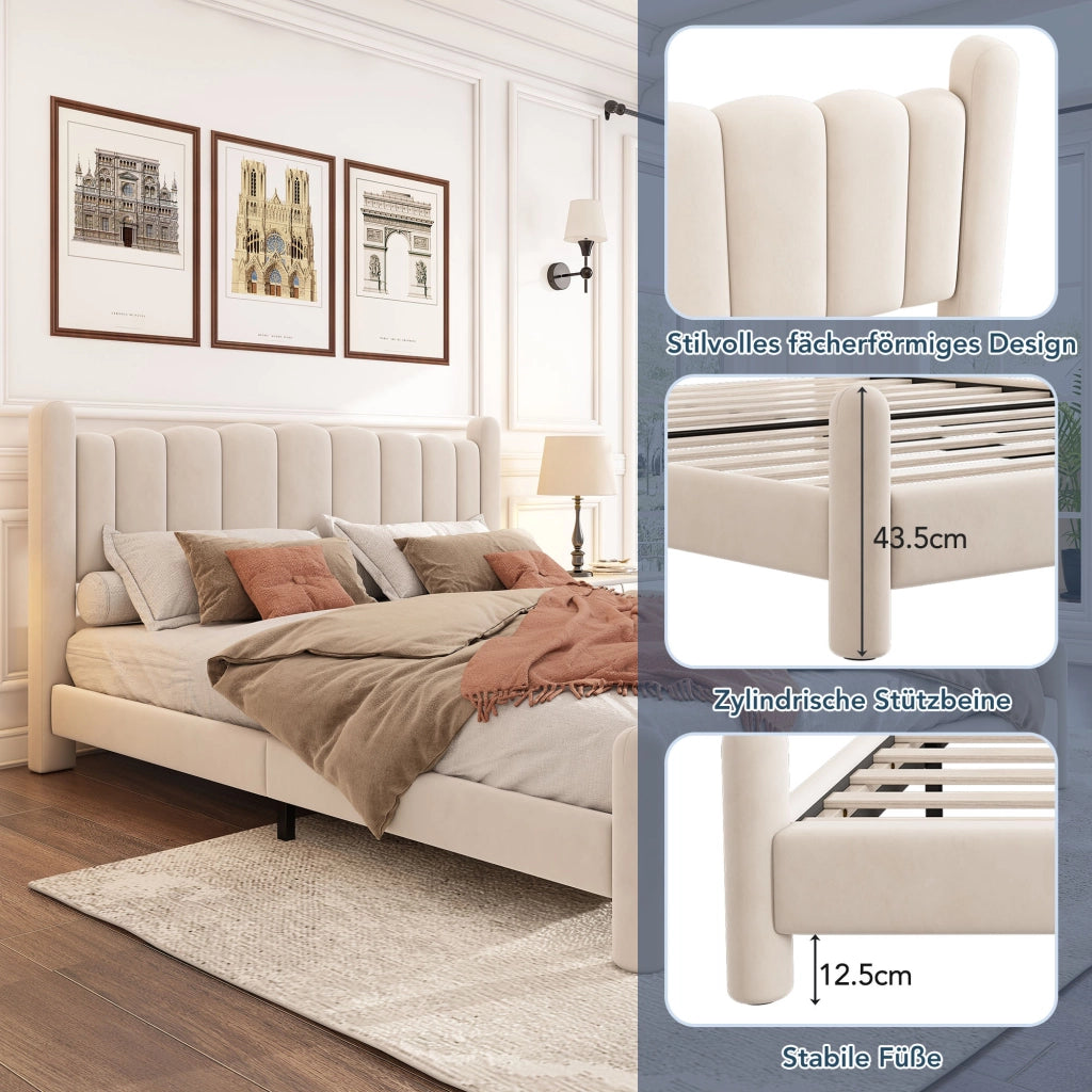 Letto imbottito 180 × 200 cm con rete a doghe e testiera ondulata rivestito in velluto beige