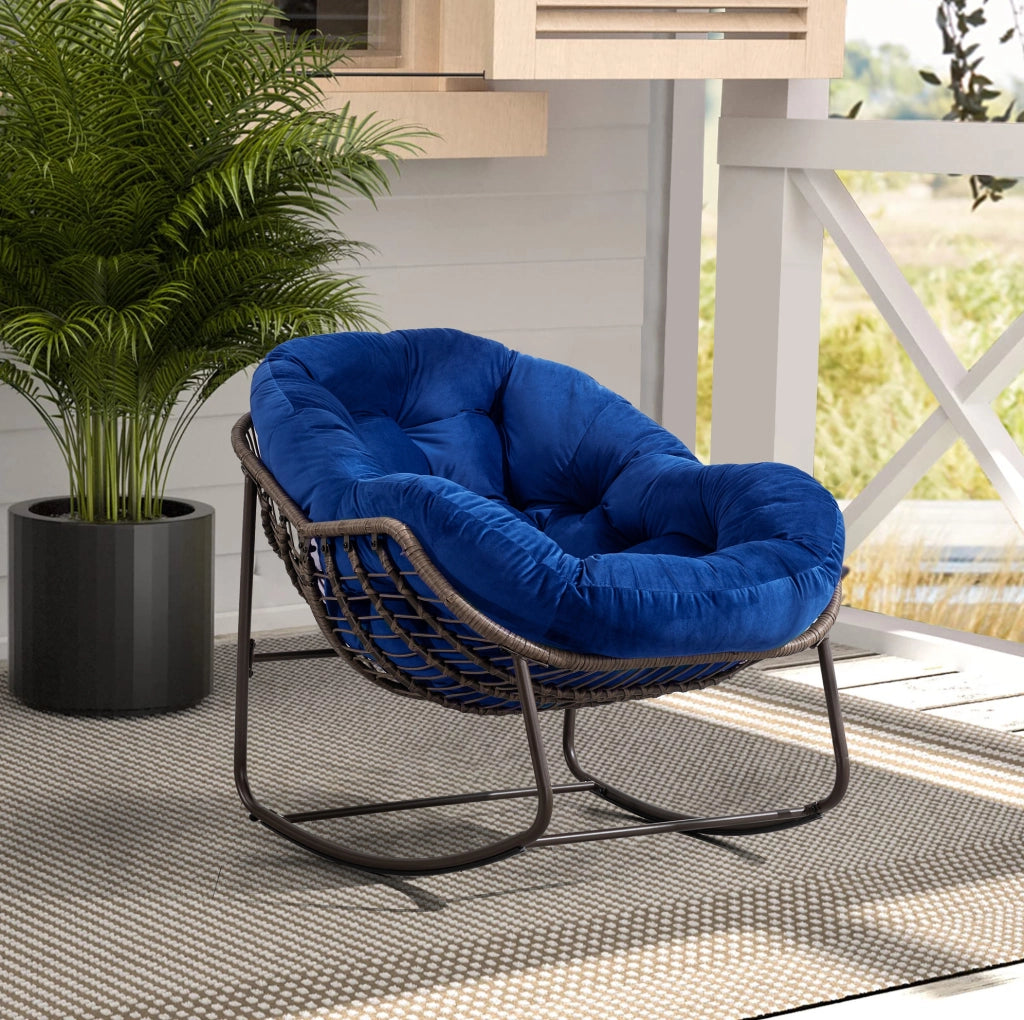 Sedia a Dondolo da Esterno in Rattan Sintetico con Cuscino Imbottito, Blu Navy, 78x106x90 cm