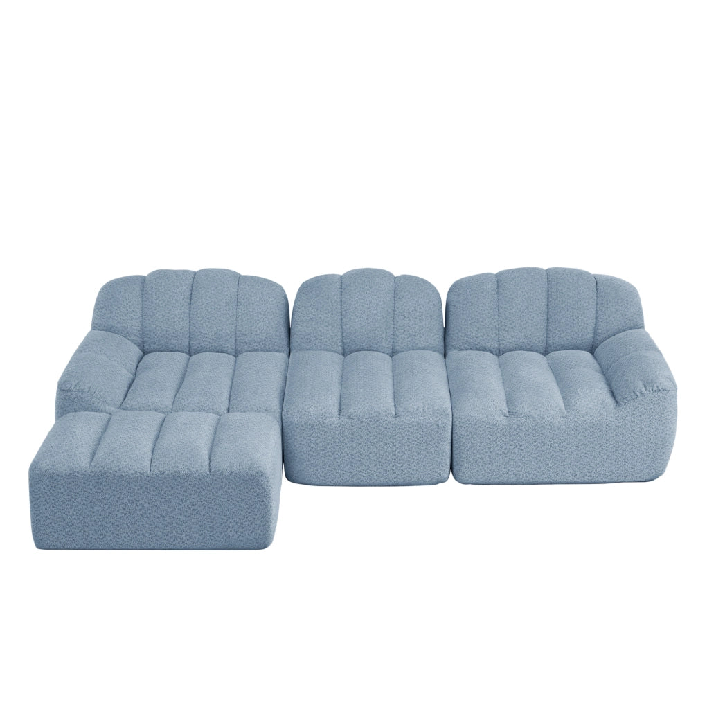 Divano modulare angolare 3 posti con pouf, schiuma ad alta densità 32D, tessuto blu morbido per soggiorno