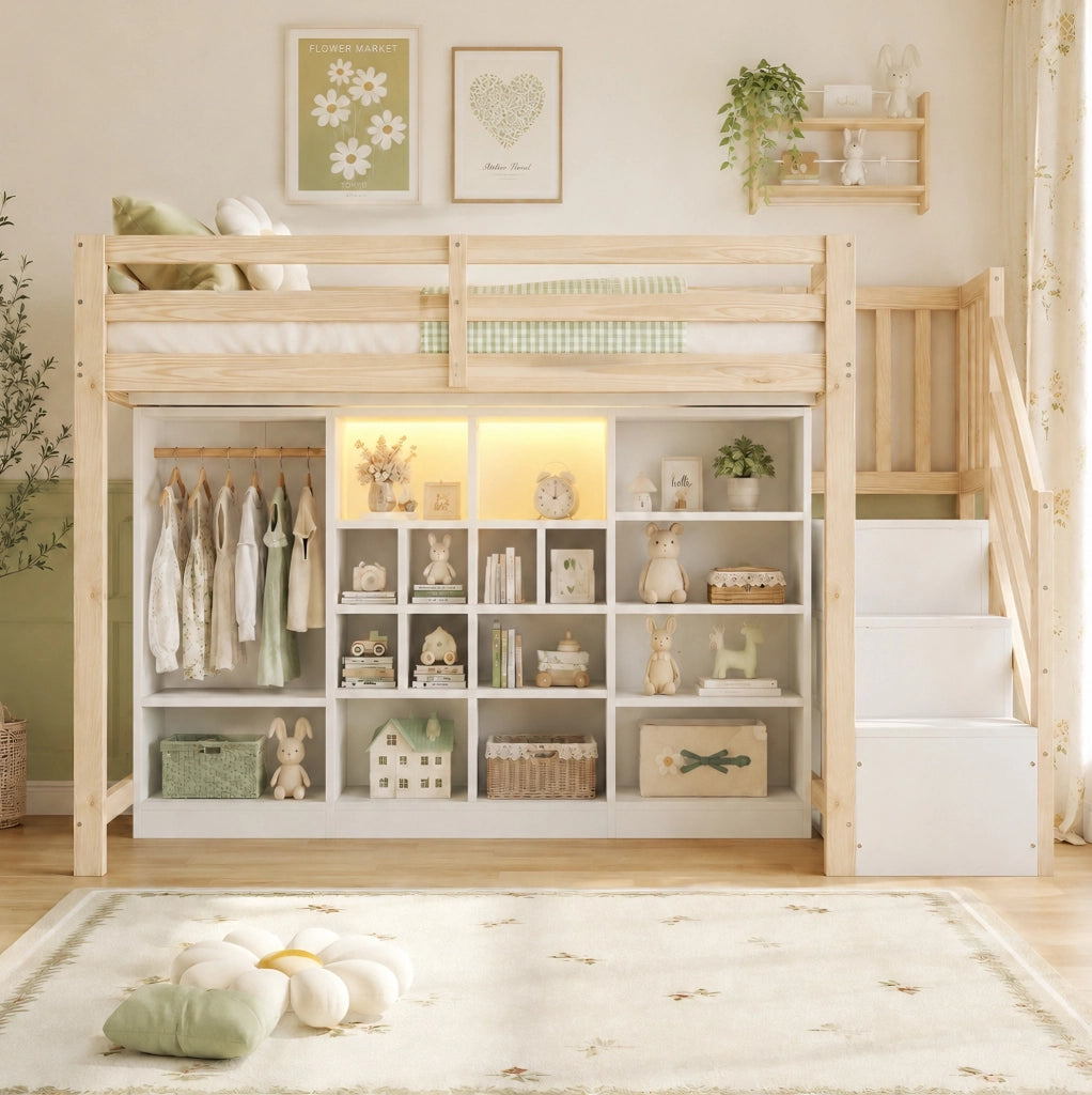 Letto a soppalco 90x200 cm in legno di pino con armadio integrato, ripiani, scala laterale con contenitori e illuminazione LED