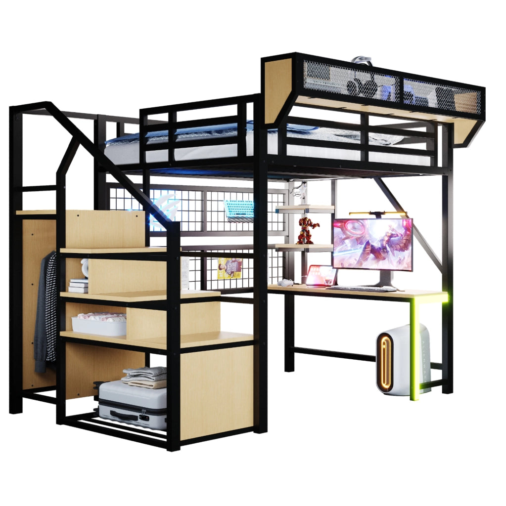 Letto a soppalco 140x200 nero in metallo con scrivania, LED e prese