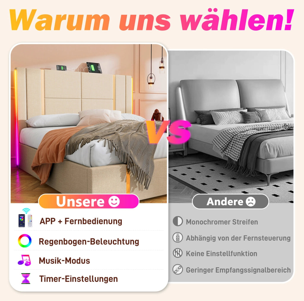 Letto imbottito beige 140 x 200 cm con LED, ricarica USB e Type-C