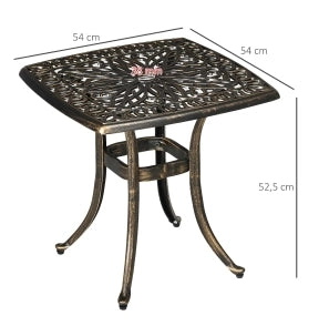 Tavolino da Esterno in Alluminio con Foratura per Ombrellone 54x54x52,5 cm, Finitura Bronzo Vintage per Giardino e Balcone