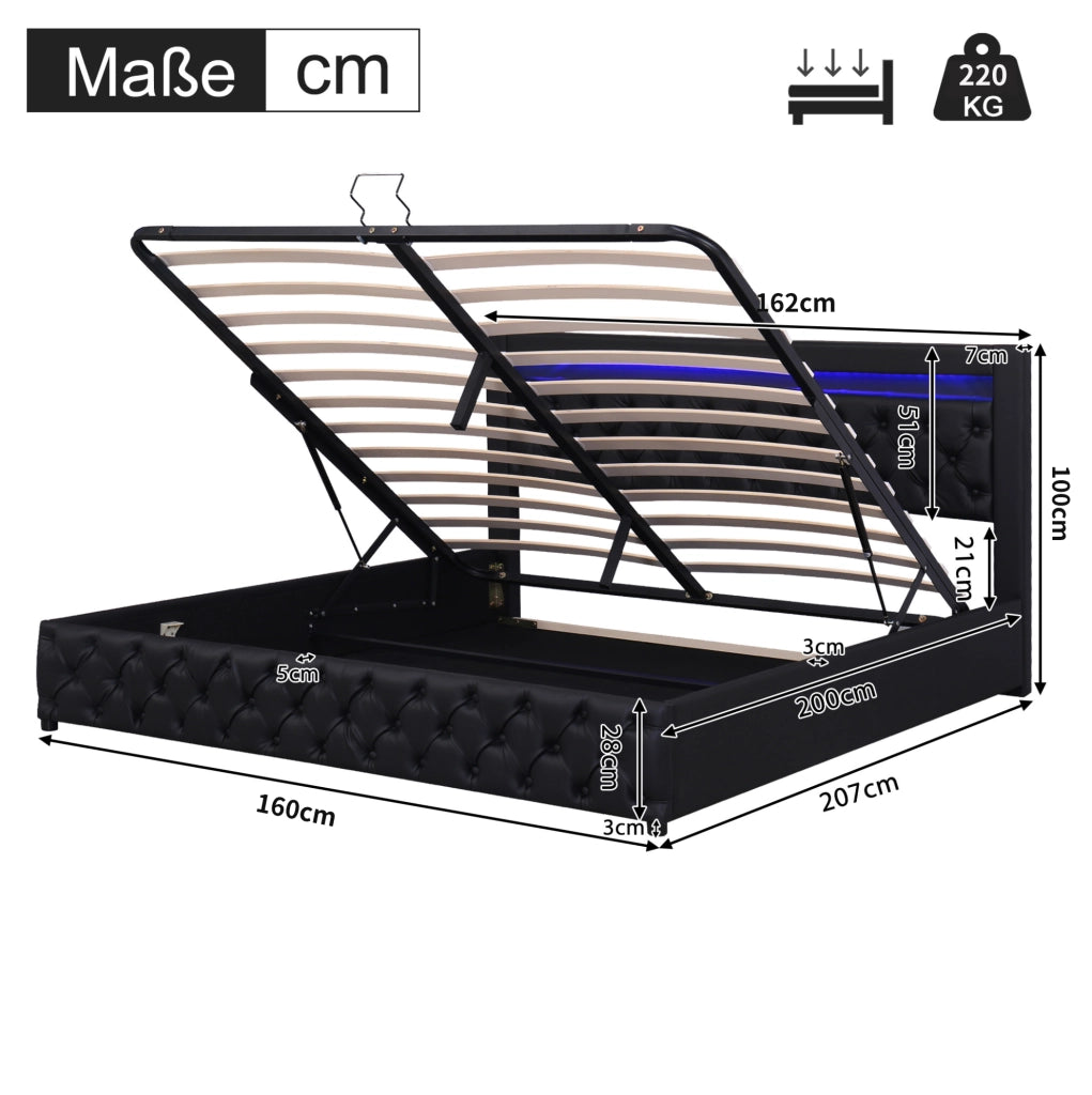 Letto imbottito 160x200 cm con rete, contenitore e LED, nero