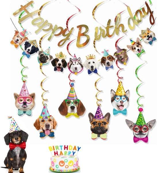 Set di decorazione per il compleanno del cane - 1 set di slitta del cane felice di compleanno + 6 spire - decorazione colorata per il compleanno del cane per bambini e animali domestici