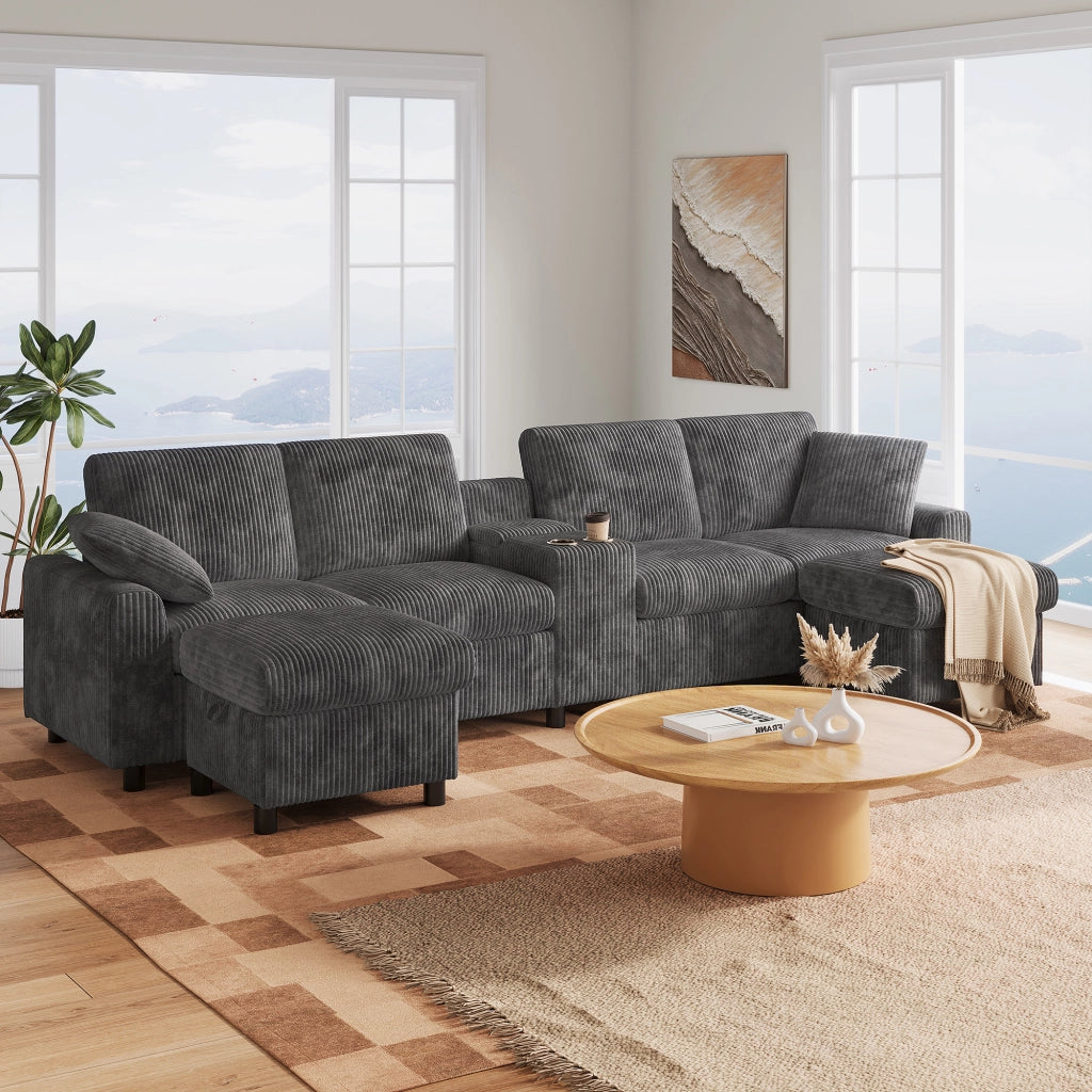 Divano a U in velluto a coste grigio 315 cm 4 posti con due pouf