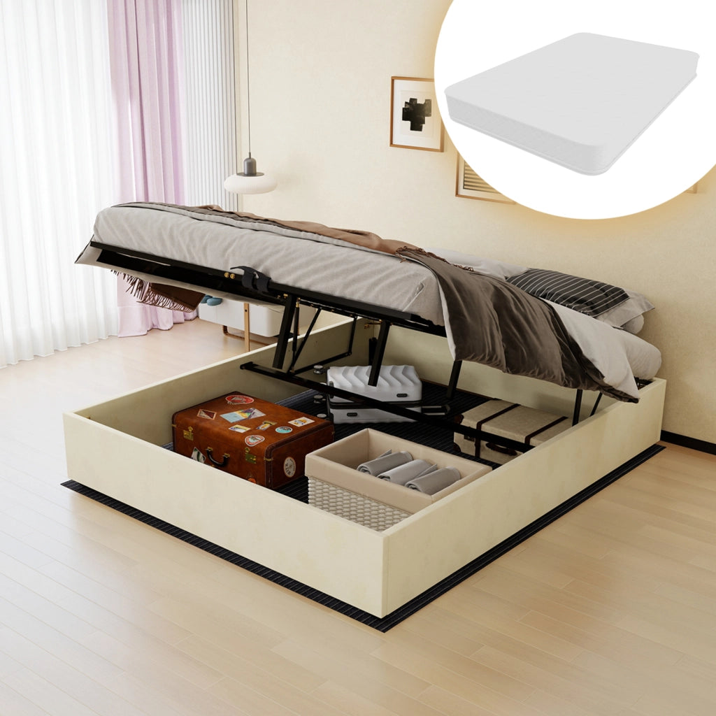 Letto matrimoniale 160 × 200 cm 2 posti senza testiera, materasso incluso, struttura in tessuto e metallo beige