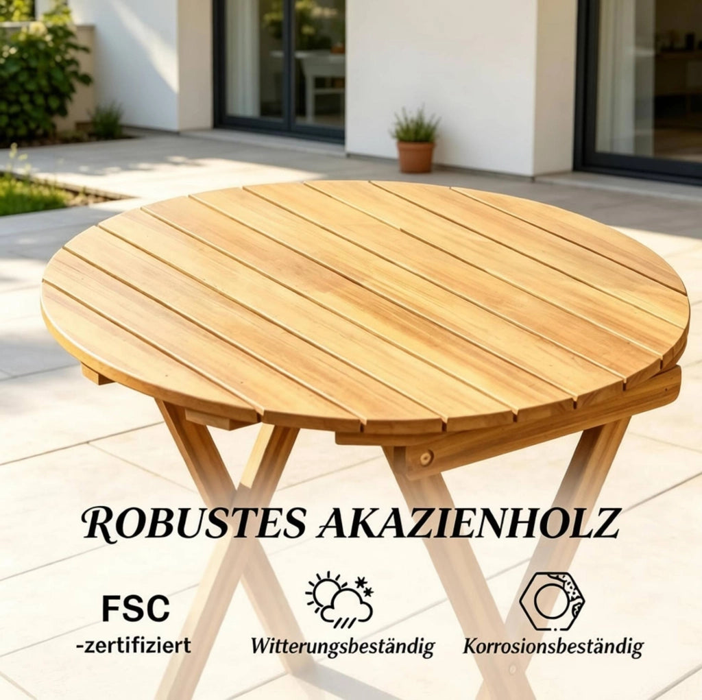 Set mobili da giardino in legno di acacia con tavolo pieghevole Ø 60 cm e 2 sedie