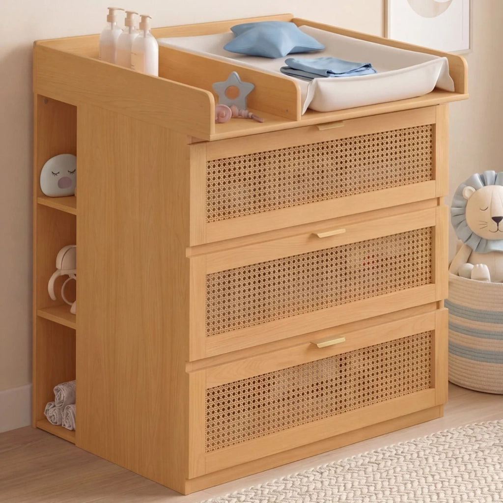 IDMarket - Comò fasciatoio evolutivo EDHEN in legno e vimini con 3 cassetti, piano fasciatoio e 2 ripiani rimovibili