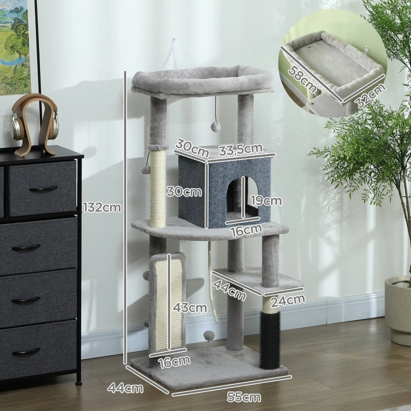 Tiragraffi per gatti con cuccia; letto; piattaforme e tiragraffi in sisal; grigio chiaro; 55 × 44 × 132 cm