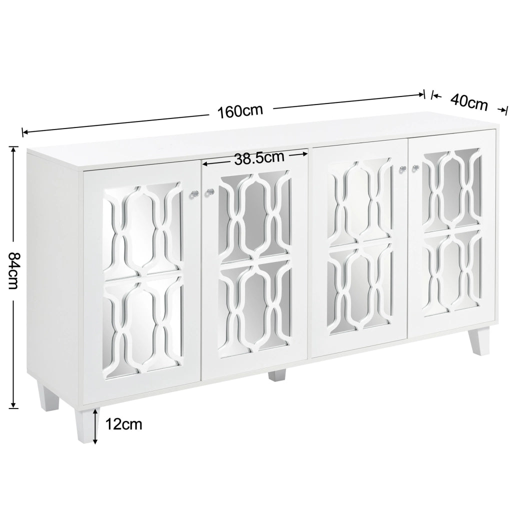 Credenza bianca con superficie a specchio; 4 ante e ripiano interno mobile; 160 x 40 x 84 cm