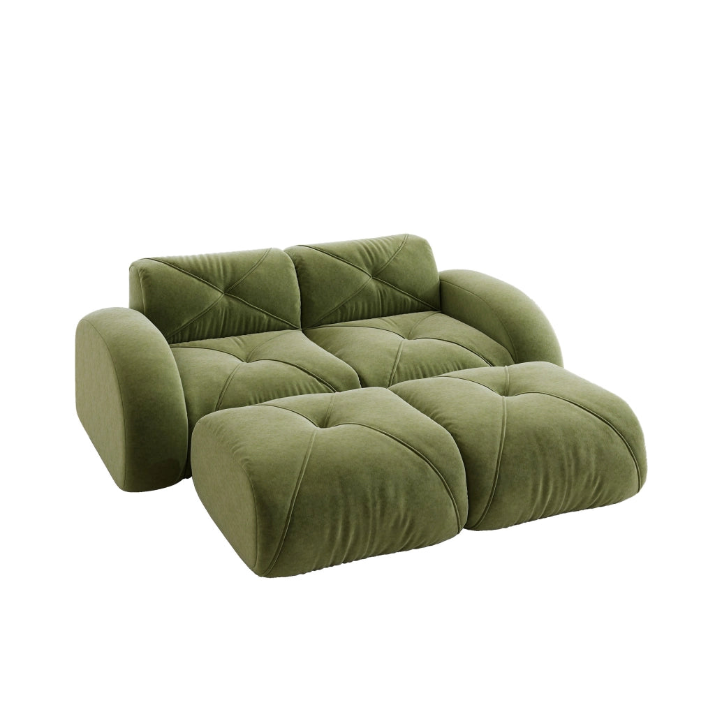 Divano modulare 204x171x76 cm in ciniglia verde con 2 pouf, senza montaggio