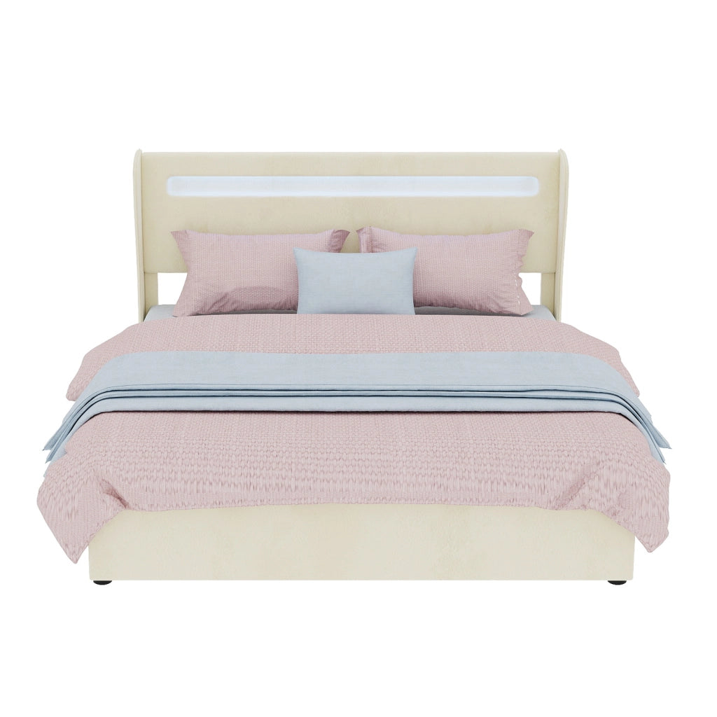 Letto matrimoniale 160 × 200 cm 2 posti con LED regolabile e testiera regolabile, senza materasso, beige
