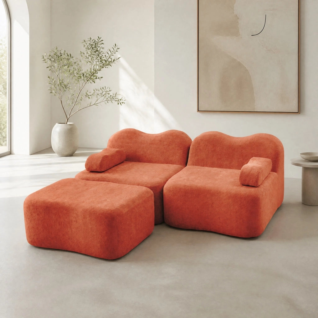 Divano angolare modulare 192x167x70 cm con pouf collegabile in velluto arancione