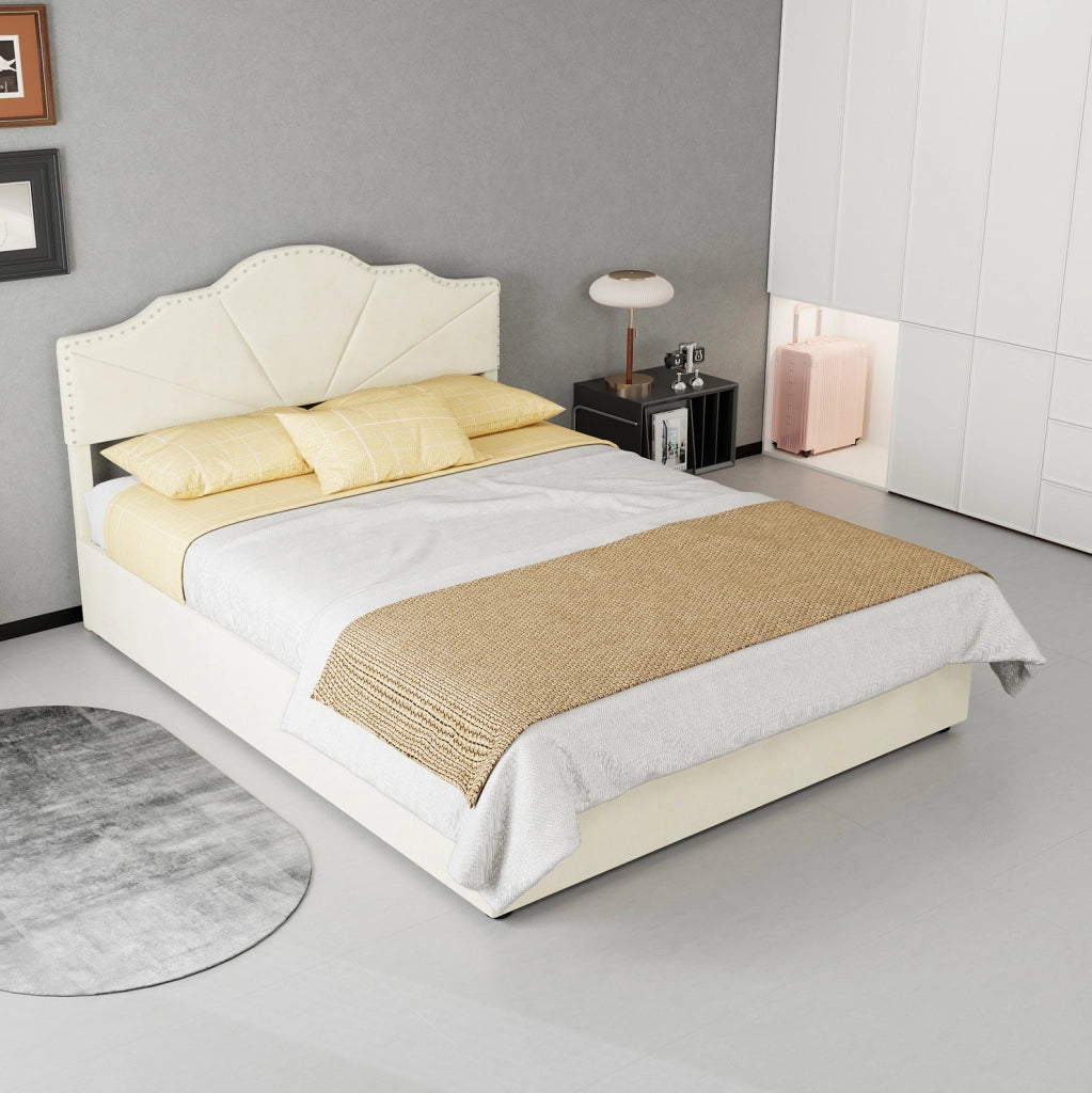 Letto moderno beige 140x200 cm con testiera imbottita e contenitore con pistoni idraulici, struttura in legno multifunzionale senza materasso