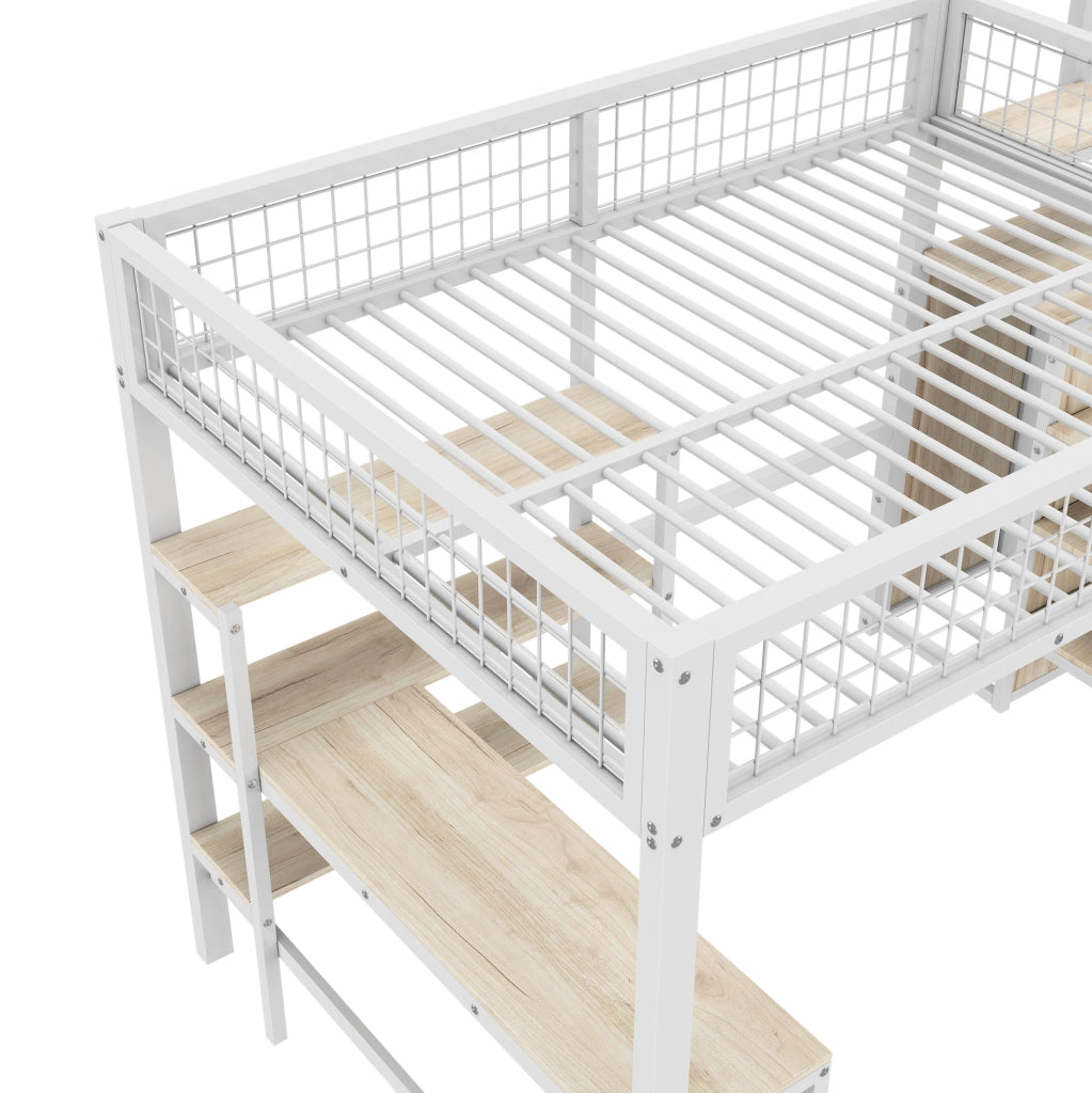 Letto a soppalco 140x200 cm con scrivania, ripiani e armadio integrato