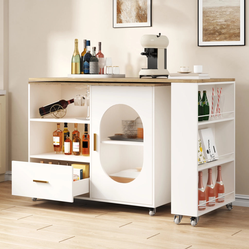 Isola da cucina mobile con piano girevole 360°, con spazio contenitivo, cassetto e ripiano regolabile, 120–180×60×90 cm, bianco e finitura naturale