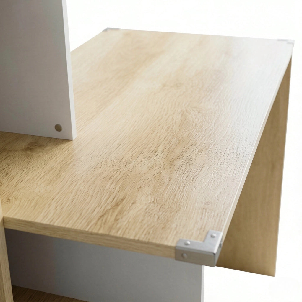 Scrivania per computer con libreria a 4 scomparti e cassetto chiudibile, colore quercia e bianco, 126x50x109 cm