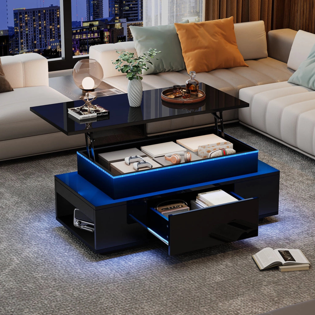 Tavolino da caffè elevabile nero con LED e ampio spazio contenitore