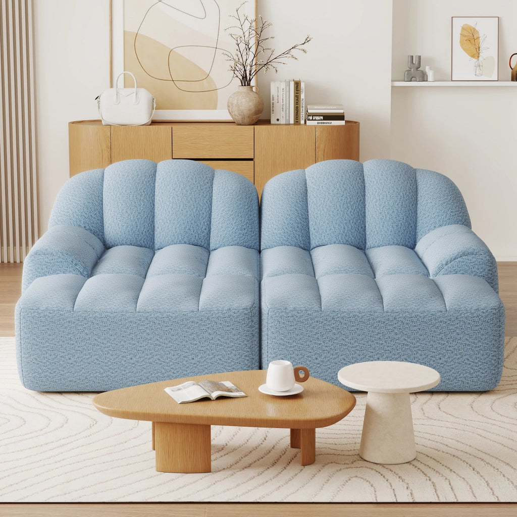 Divano modulare blu 210x165x79 cm con 2 pouf, senza montaggio