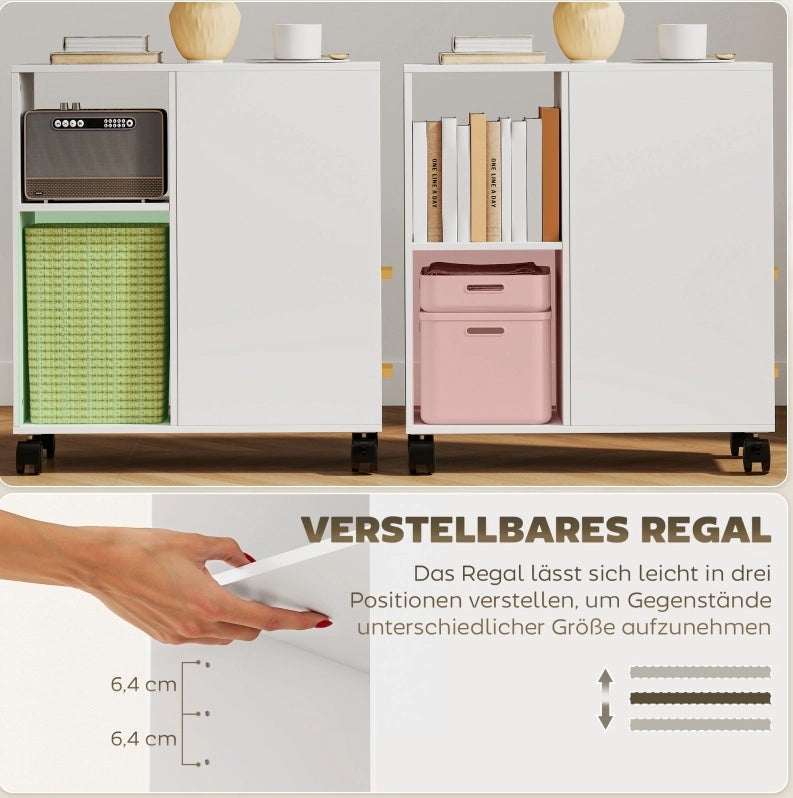 Carrello porta stampante con ripiano regolabile, 60x30x65 cm, bianco, con ruote