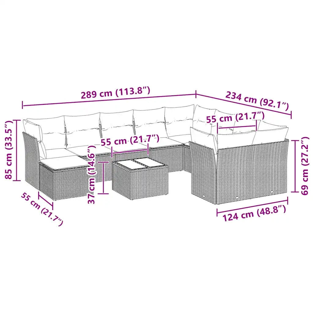 Set Divani da Giardino 11 pz con Cuscini in Polyrattan Grigio