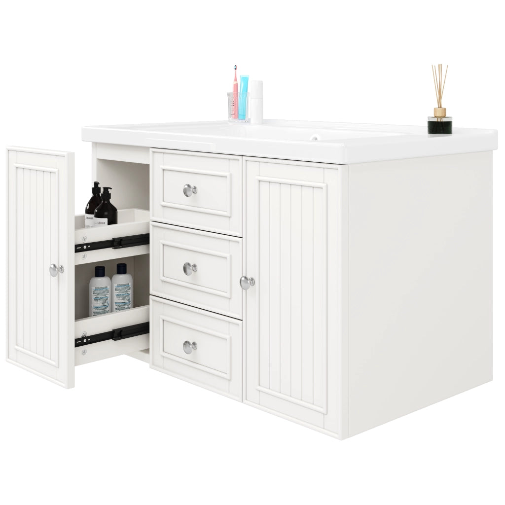 Mobile per lavabo singolo sospeso con lavabo in ceramica; cassetti e vano; bianco 78.5 × 46 × 46.8 cm