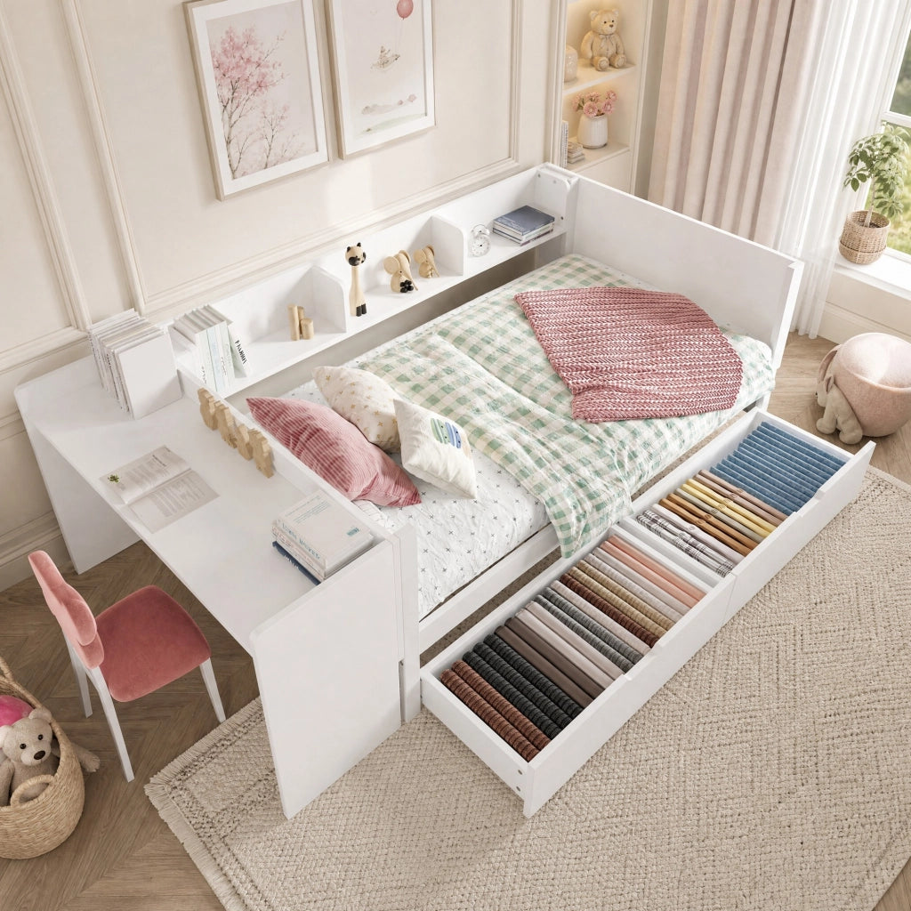 Letto singolo 90x200 cm bianco con scrivania, 2 cassetti e 3 ripiani