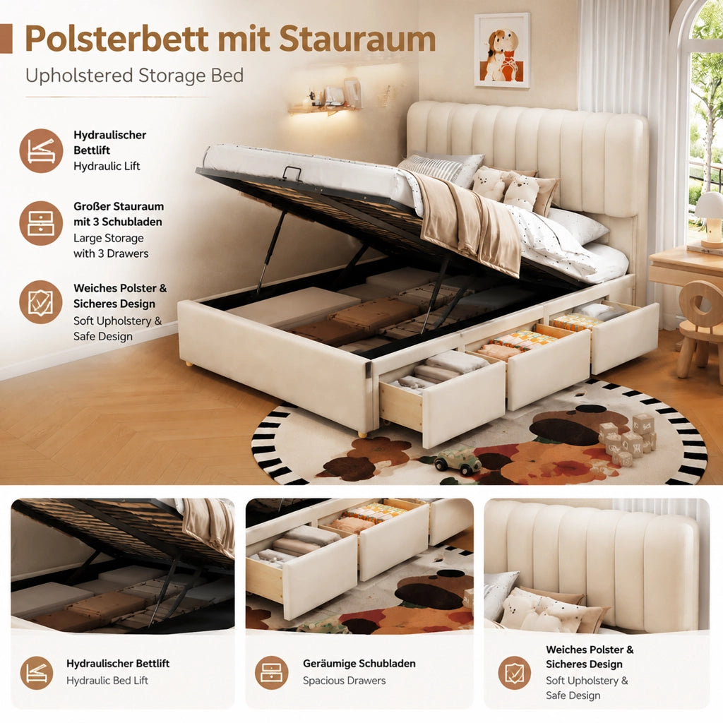 Letto per bambini imbottito 140 × 200 cm con vano contenitore idraulico 3 cassetti velluto beige LED
