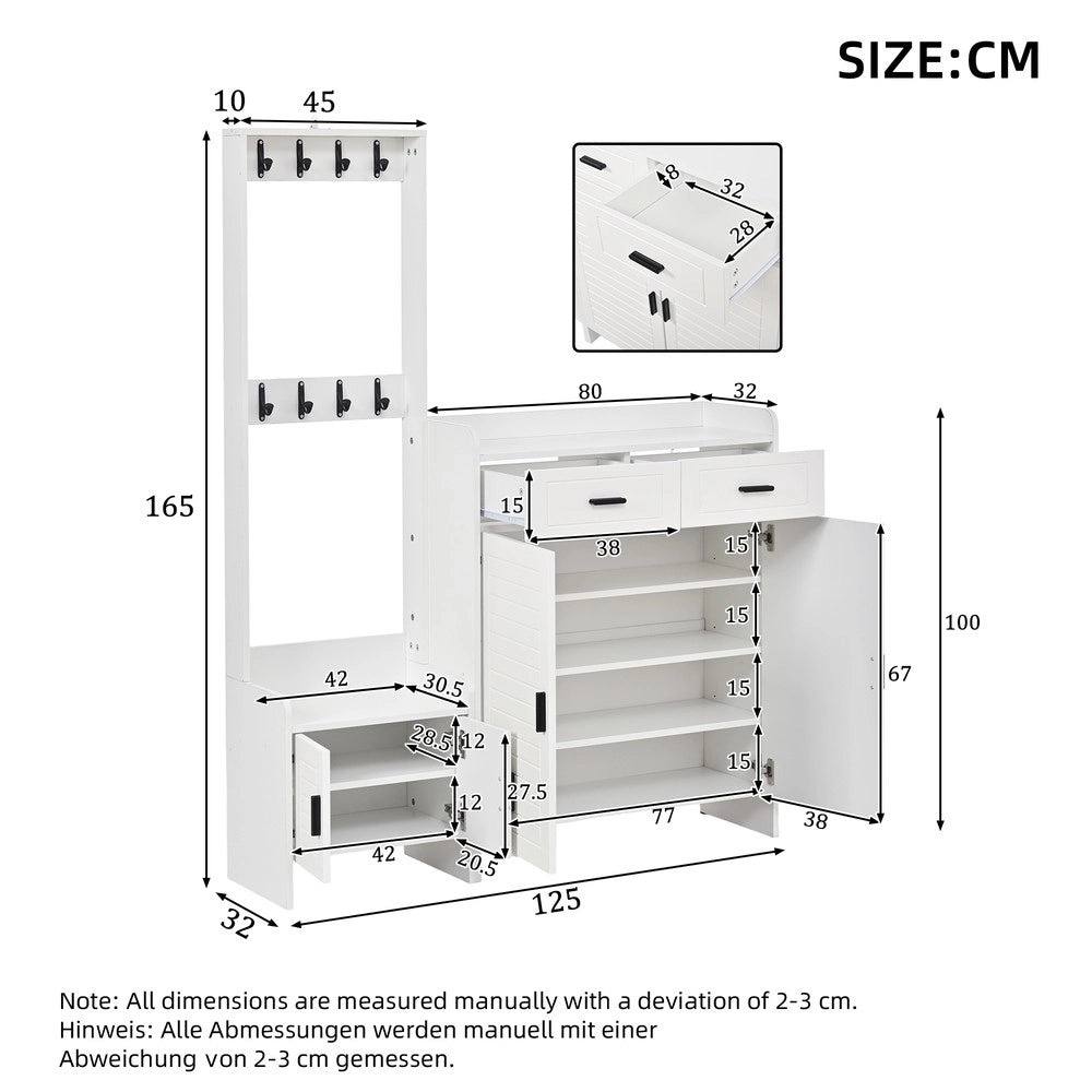 Set appendiabiti e scarpiera ingresso ¨C Minimal ¨C bianco, 2 cassetti 2 ante 6 ripiani 8 ganci, 125x36x165 cm