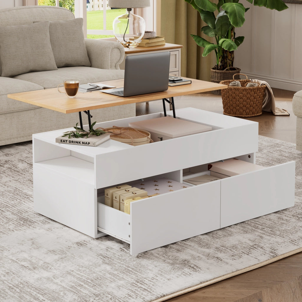 Tavolino da salotto con piano sollevabile 100x50 cm assemblabile bianco e legno