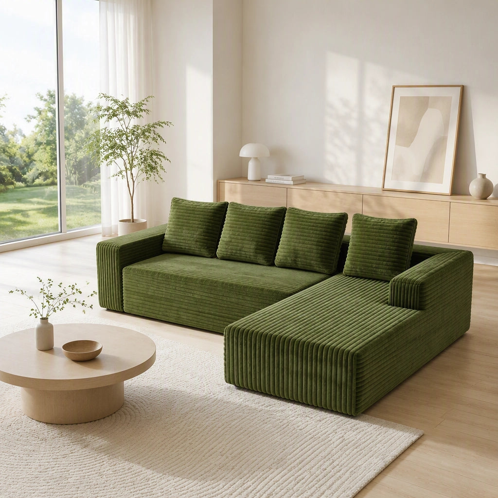 Divano modulare a L 261x168 cm in velluto a coste verde senza montaggio