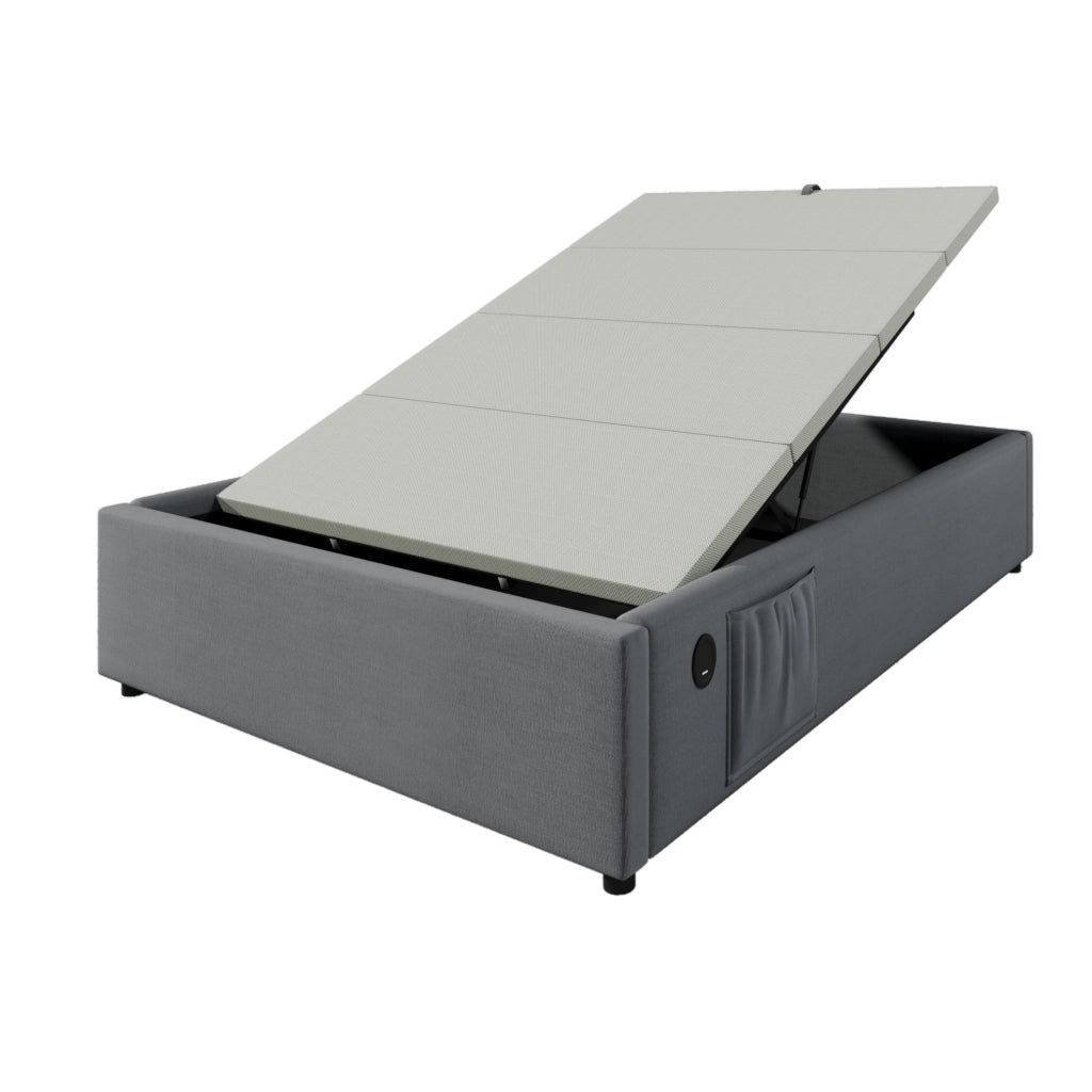 Letto contenitore singolo 90x200 cm con USB e USB C; cotone e lino grigio