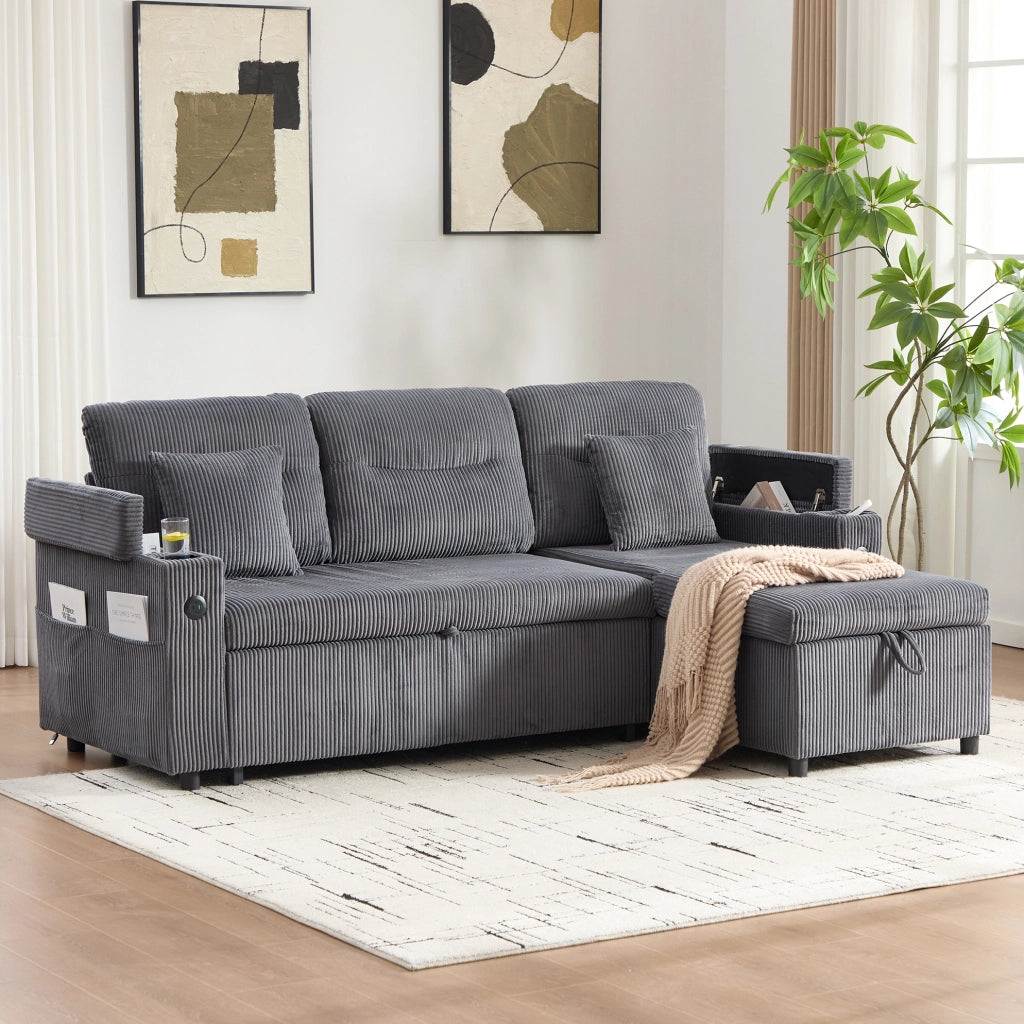 DIVANO 3 Posti con Chaise Longue Contenitore e Letto Estraibile in Velluto a Coste Grigio