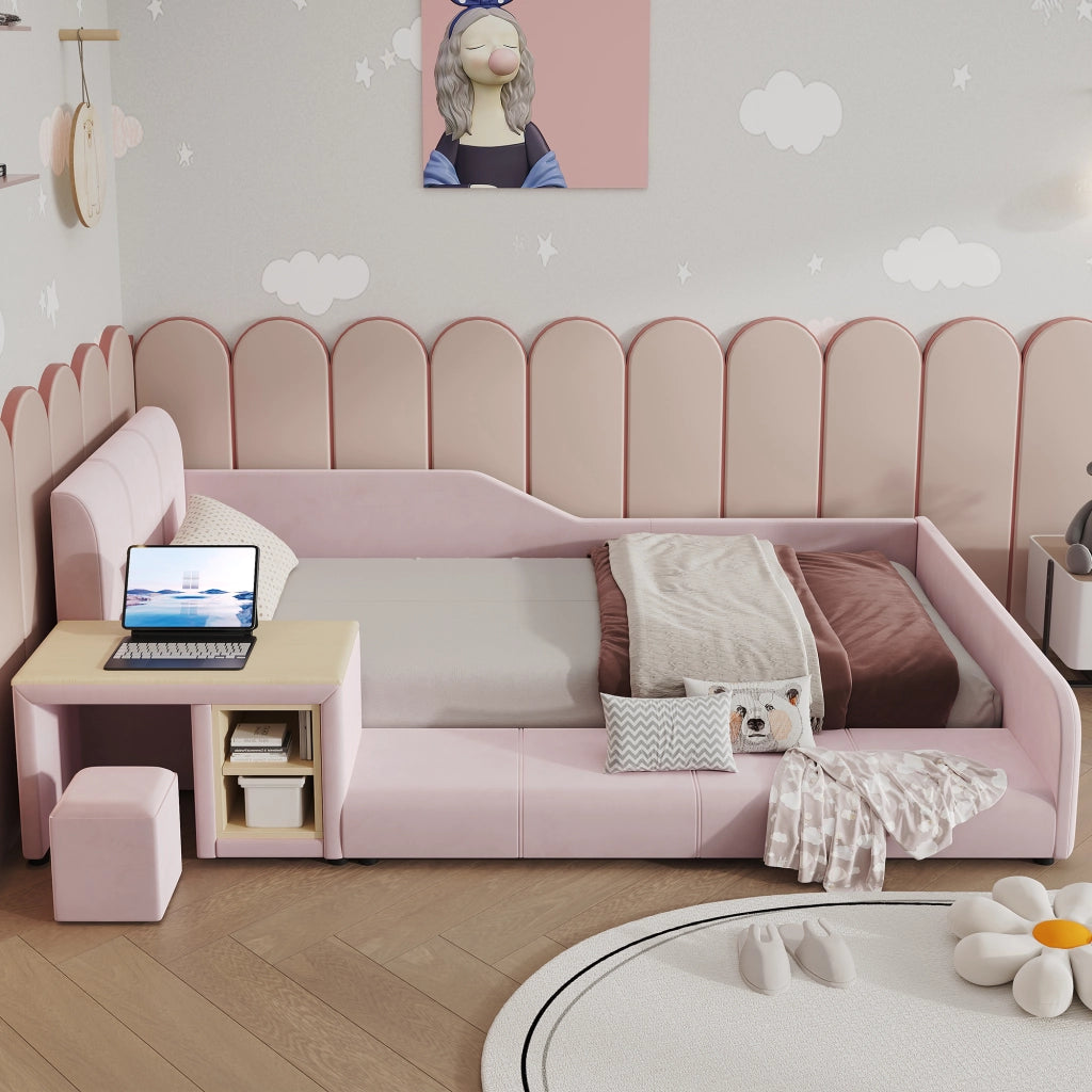 Letto singolo 90 × 200 cm con scrivania sgabello e ripiano testiera imbottita in velluto rosa con rete a doghe