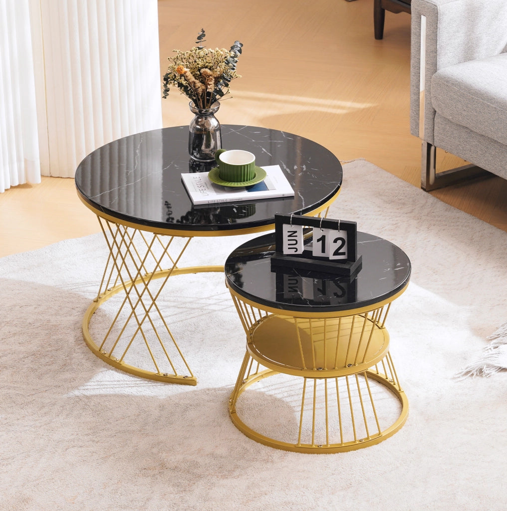 Set 2 tavolini da salotto rotondi a incastro 70 e 45 cm effetto marmo nero HOMVRA