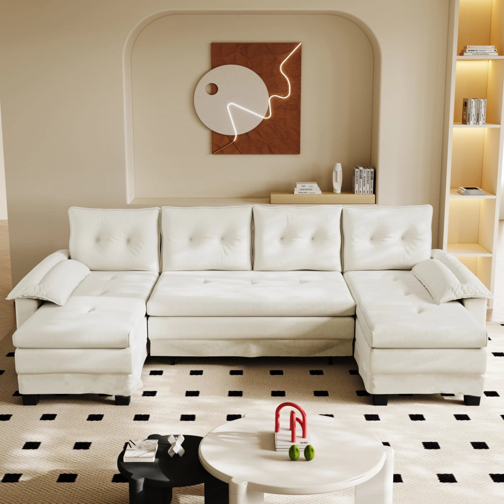Divano letto modulare a U ULEVR 278x127 cm con letto estraibile, USB e cuscini rimovibili, beige