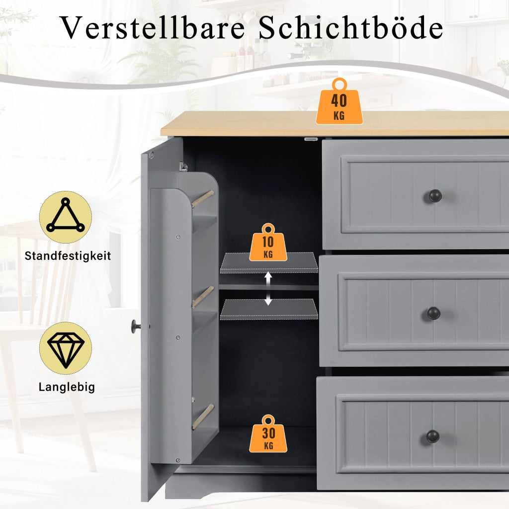 Credenza con 3 cassetti e ante stile frigorifero; ripiani regolabili; MDF grigio per cucina 126 × 40 × 86 cm