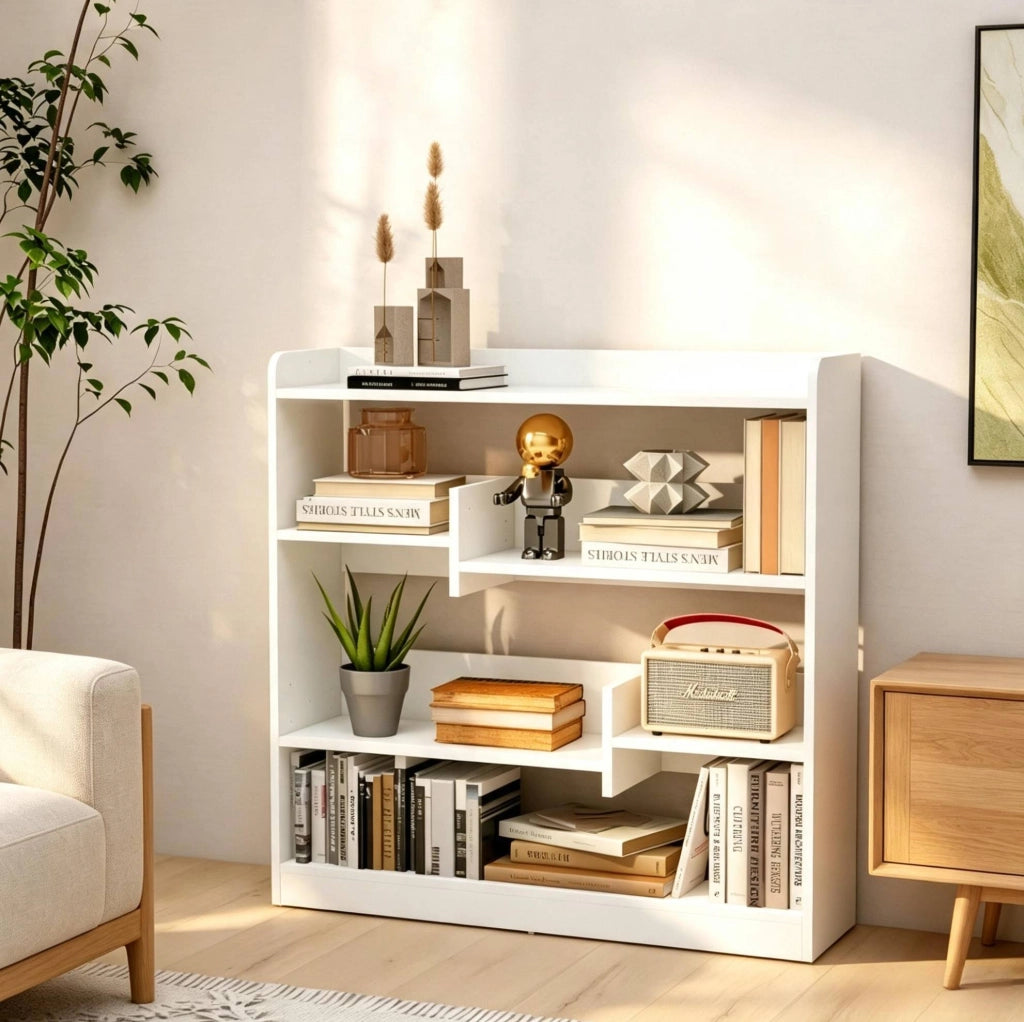 Libreria bianca in truciolare E1, 90x24x91 cm, con 4 ripiani regolabili