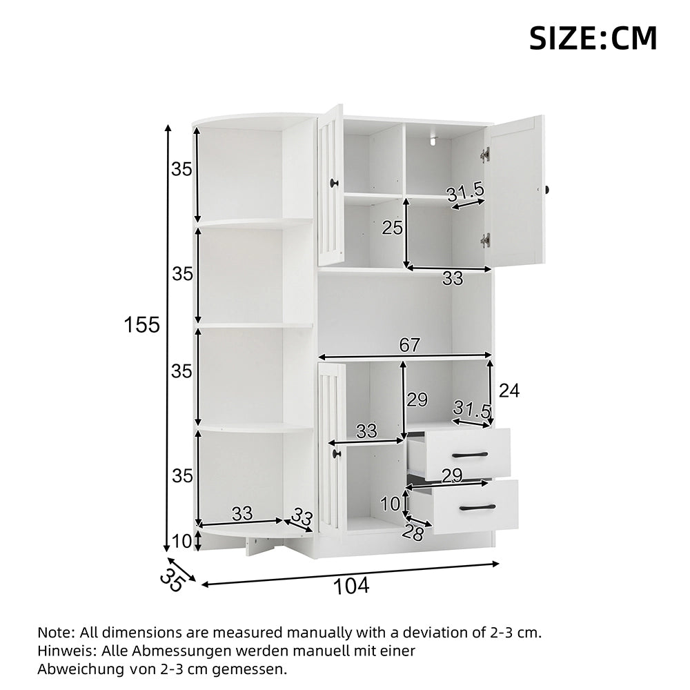 Credenza Angolare Vetrina 104x35x155cm - Xylo - 3 Ante e 2 Cassetti, Bianco