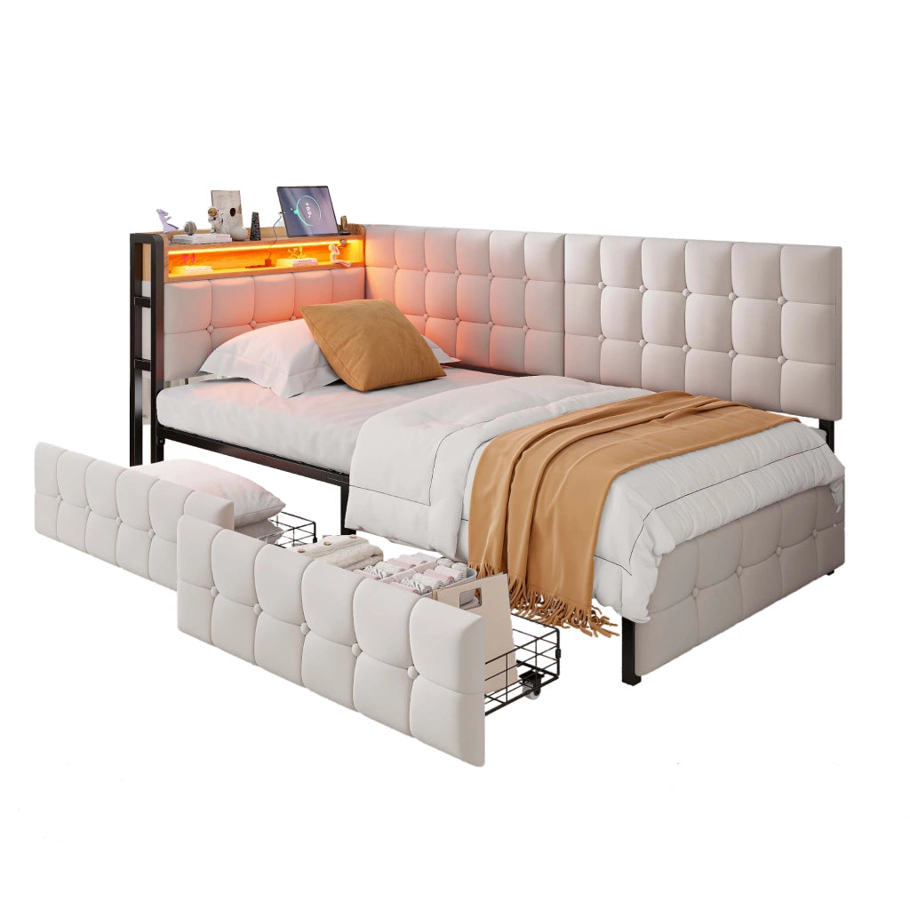 Letto divano singolo 90×200 cm con 2 cassetti; LED regolabile; USB e porta tipo C; senza materasso; beige