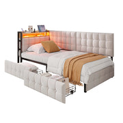 Letto divano singolo 90×200 cm con 2 cassetti; LED regolabile; USB e porta tipo C; senza materasso; beige