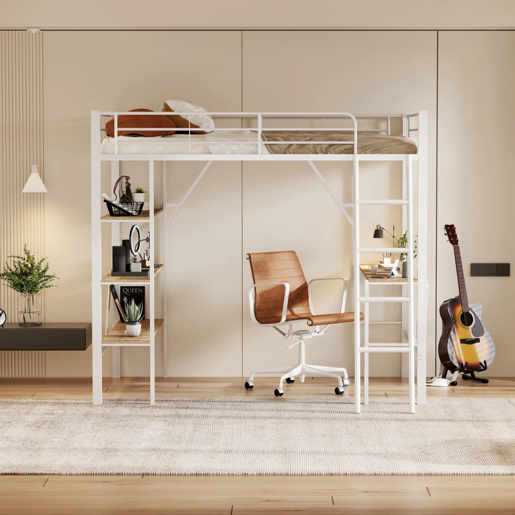 Letto a soppalco bianco 90x200 cm con scrivania e 3 scaffali in metallo e MDF