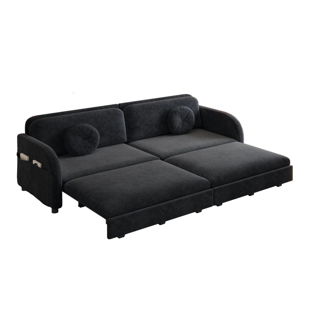 Divano Letto Estraibile King-Size 206 cm 3 Posti in Chenille Nero con Cuscini e Scomparti Laterali